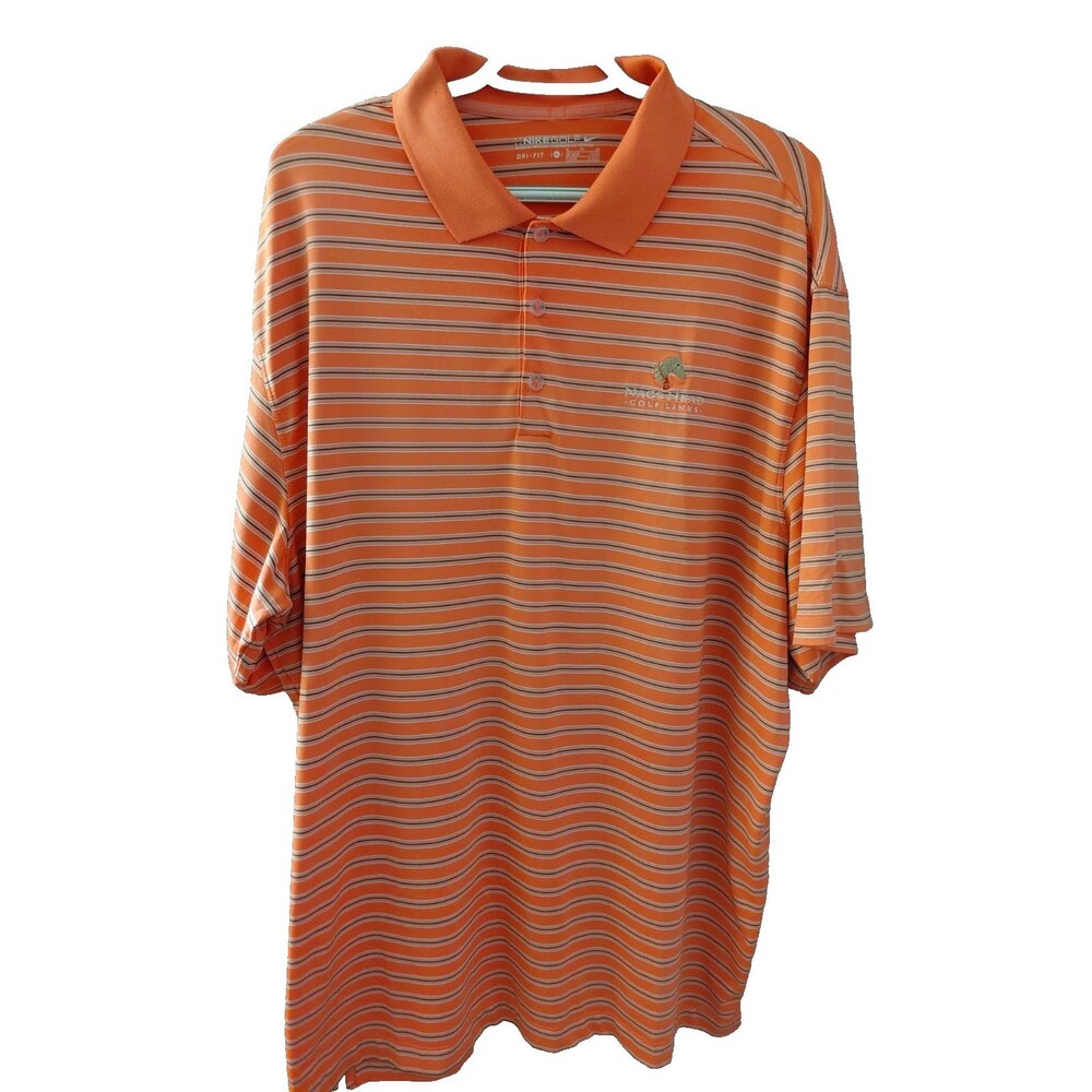 Nike Golf Dri Fit Polo Shirt Coral/Gray/Brown Stripes Nags Head Golf Links